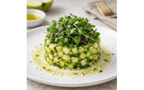 Tartar templado de calabacín con manzana verde y microvegetales de mostaza Mikagreens