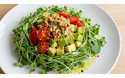 Ensalada Fresca de Microvegetales con Aguacate y Nueces Crujientes