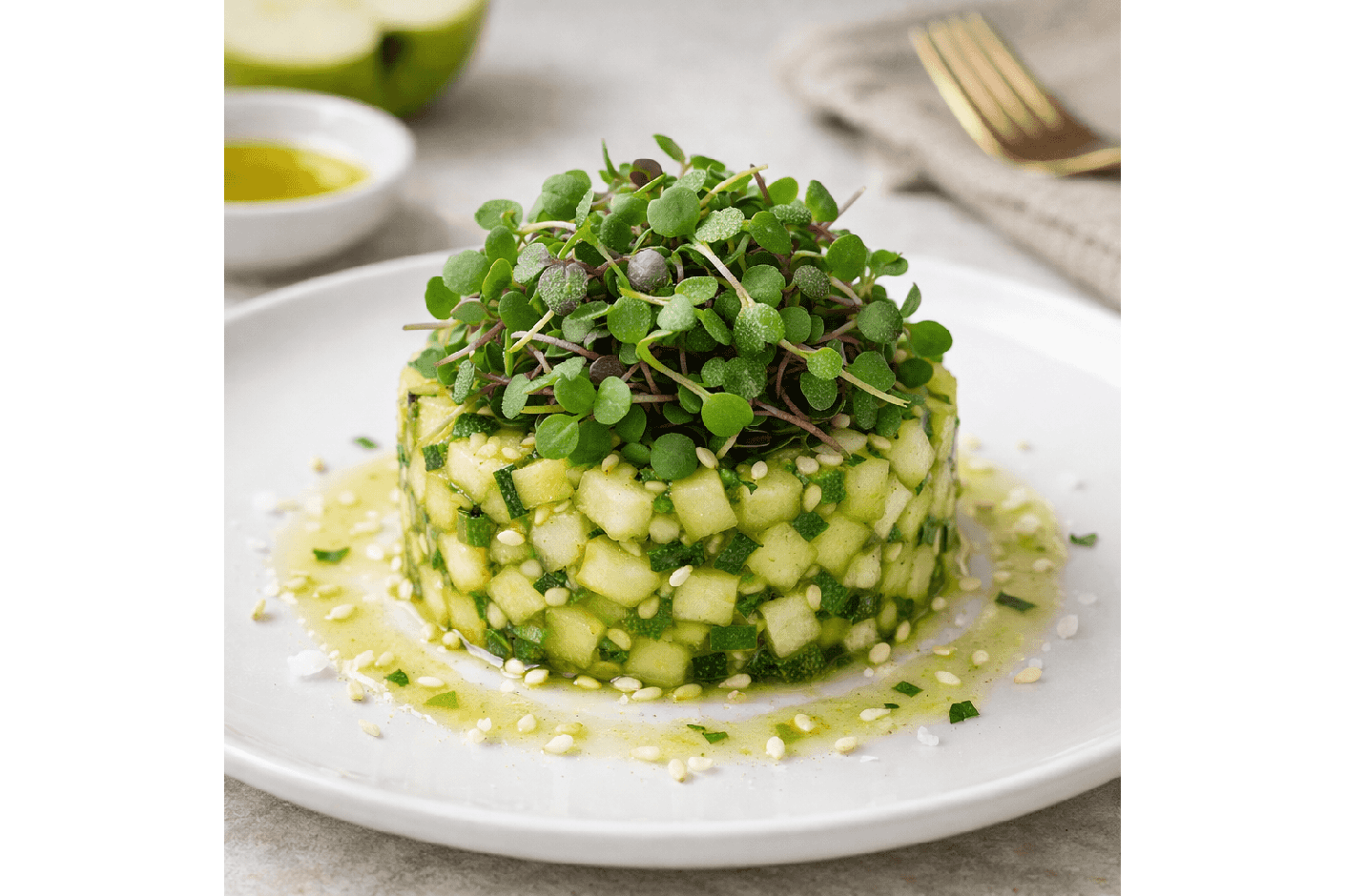 Tartar templado de calabacín con manzana verde y microvegetales de mostaza Mikagreens