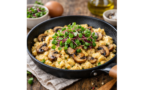 Revuelto cremoso de champiñones con microvegetales de rábano – Mikagreens