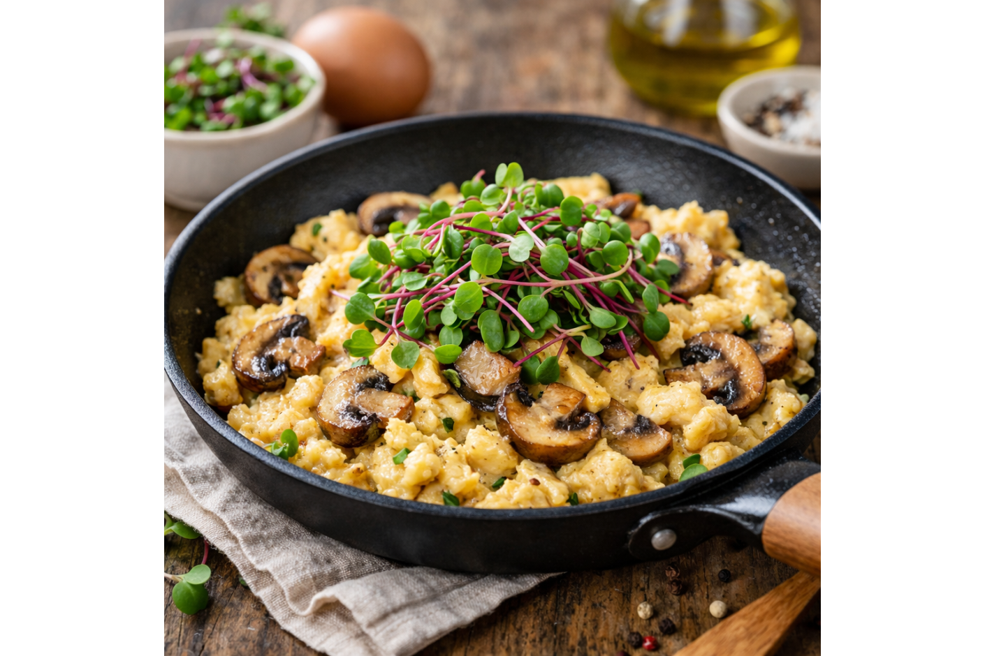 Revuelto cremoso de champiñones con microvegetales de rábano – Mikagreens