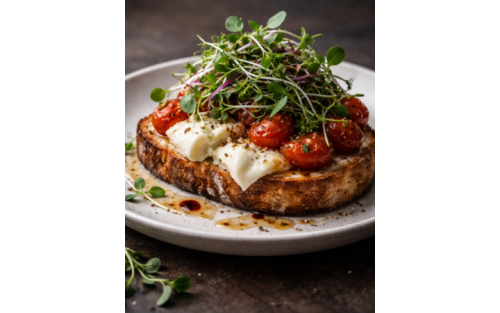 Receta gourmet con microvegetales Mikagreens – Tosta de burrata y tomate asado