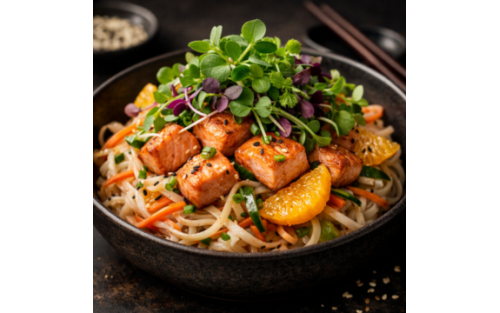  Noodles tibios de arroz con salmón, cítricos y microvegetales Mikagreens