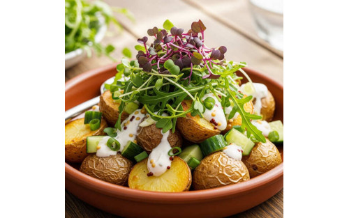 Ensalada mediterránea de patatas al horno con microvegetales