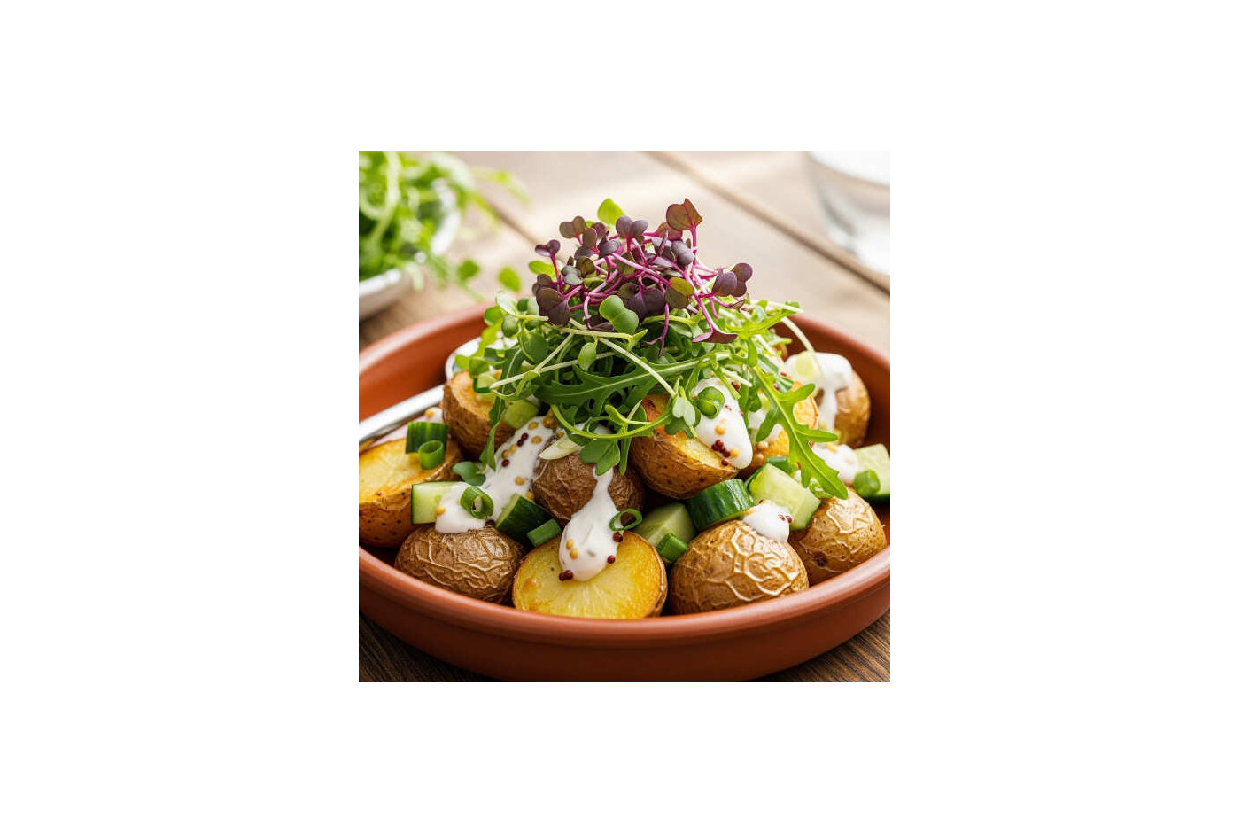 Ensalada mediterránea de patatas al horno con microvegetales