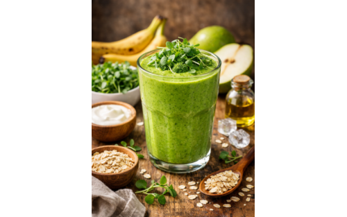 Batido energético verde con microgreens de guisante y brócoli
