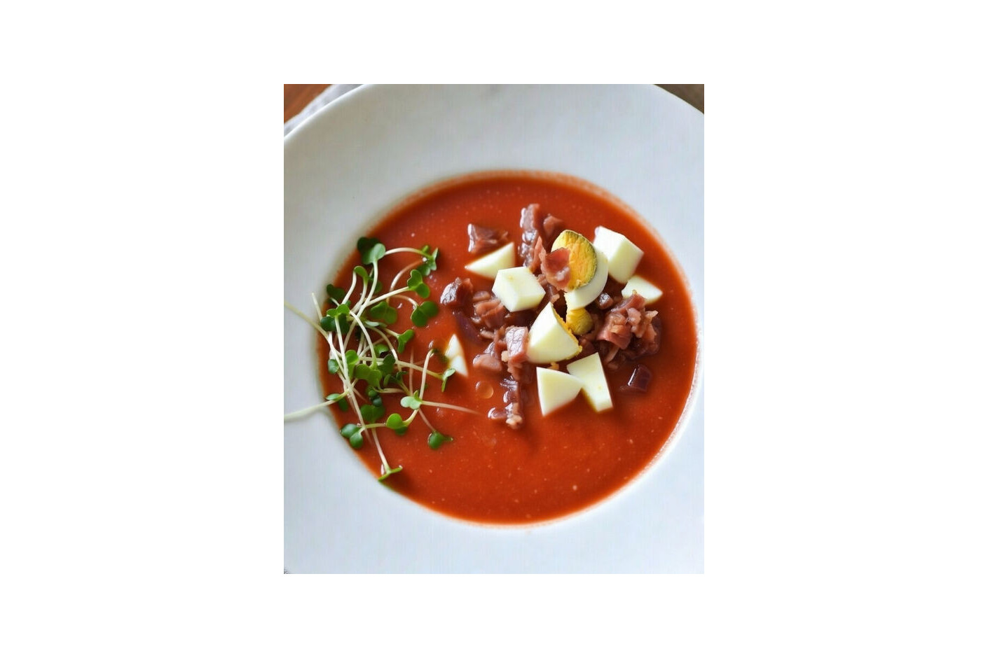 Salmorejo cordobés tradicional con microgreens de guisante o girasol