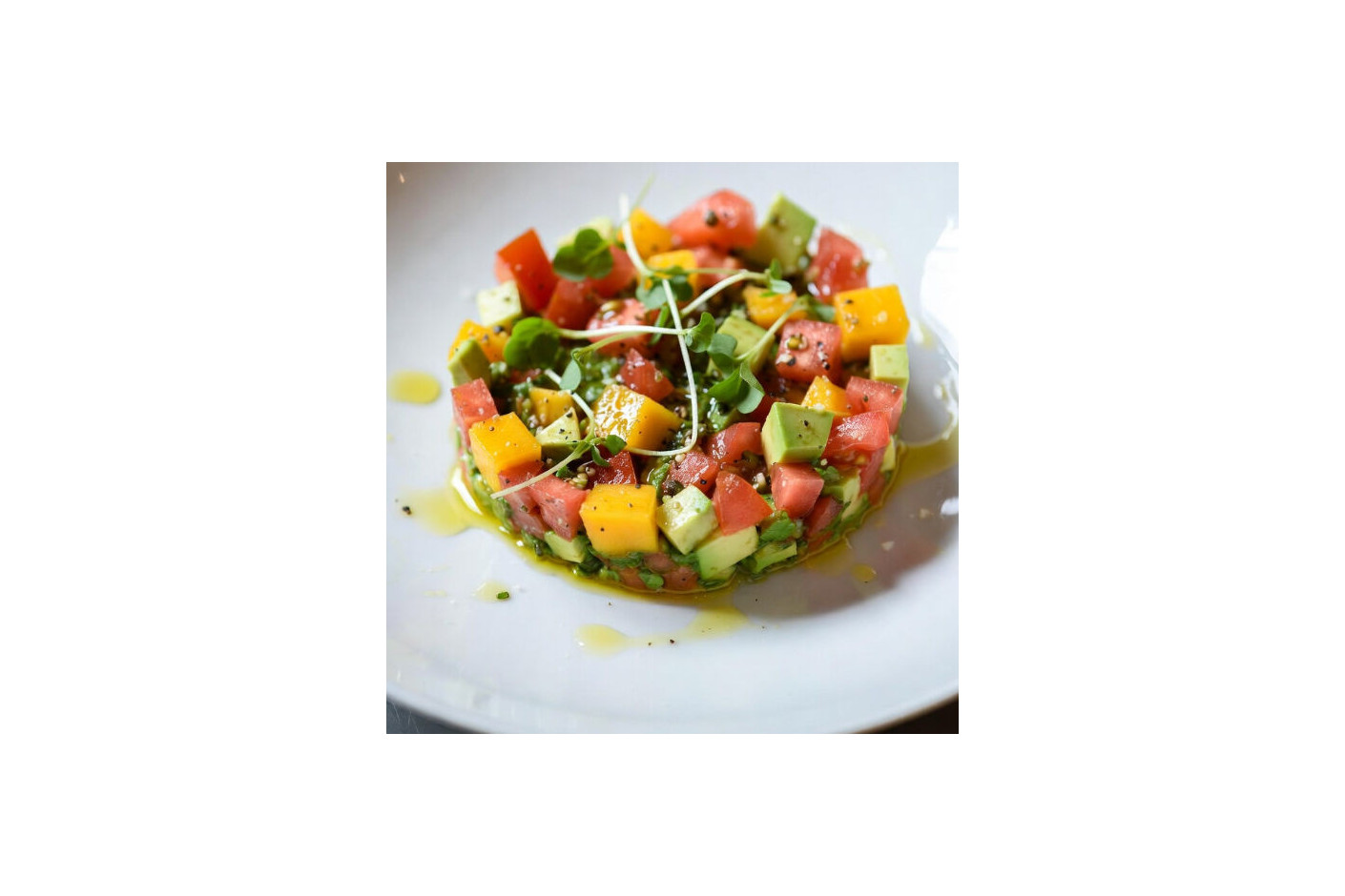 Tartar fresco de tomate, fruta y microvegetales de borraja con toque cítrico (receta gourmet Mikagreens)