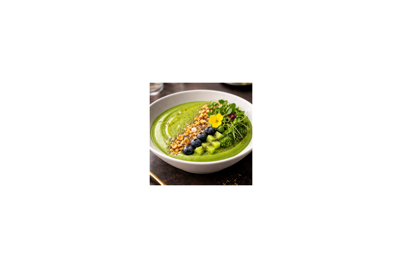 Bowl verde cremoso con pasto de trigo y microvegetales