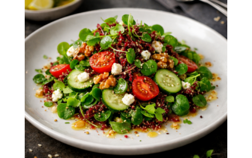 Ensalada fresca con microgreens Mikagreens de berro y microgreens Mikagreens de amaranto rojo