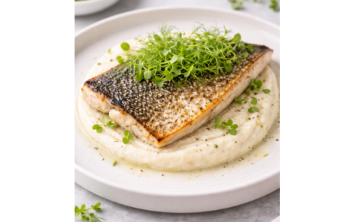 Lubina a la plancha con crema de coliflor y microgreens Mikagreens de hinojo