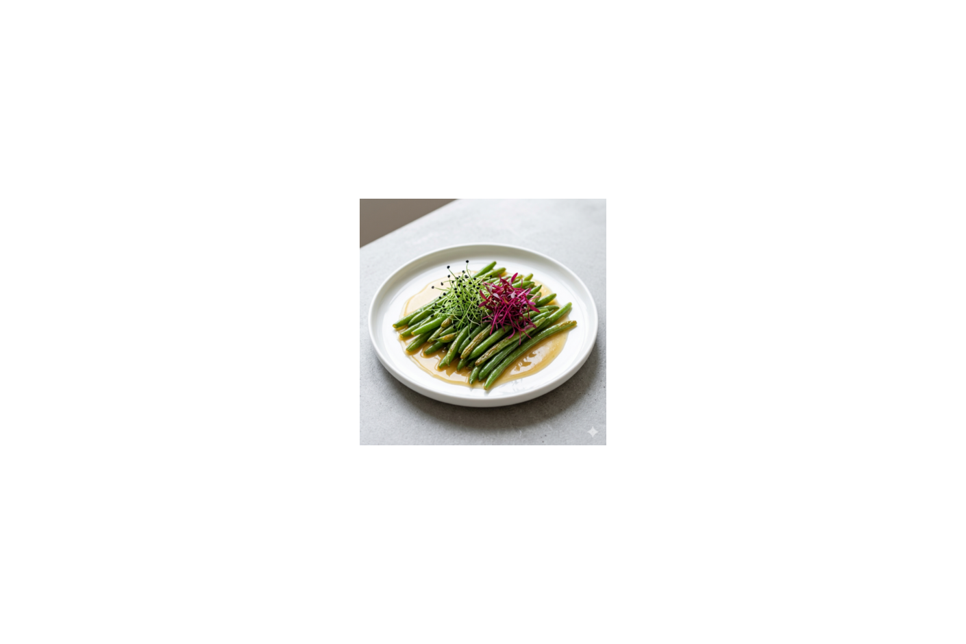 Judías verdes salteadas con emulsión tibia y microgreens Mikagreens de cebollino chino ajo y microgreens Mikagreens de amaranto rojo
