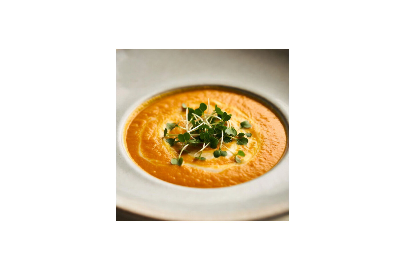 Crema sedosa de calabaza asada con toque cítrico y microgreens Mikagreens de albahaca limón y microgreens Mikagreens de hinojo