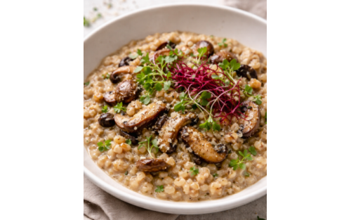 Risotto cremoso de cebada con setas salteadas y microgreens Mikagreens de shungiku y microgreens Mikagreens de amaranto rojo