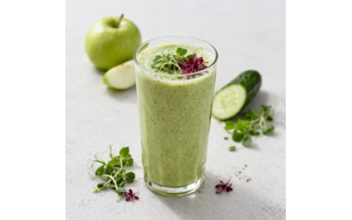 Smoothie verde refrescante de manzana y pepino con microgreens Mikagreens de guisante y amaranto rojo
