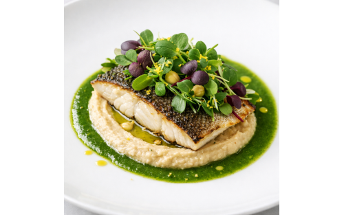 Lomo de lubina asada con crema templada de garbanzo, jugo verde de guisante Foxy y microvegetales frescos