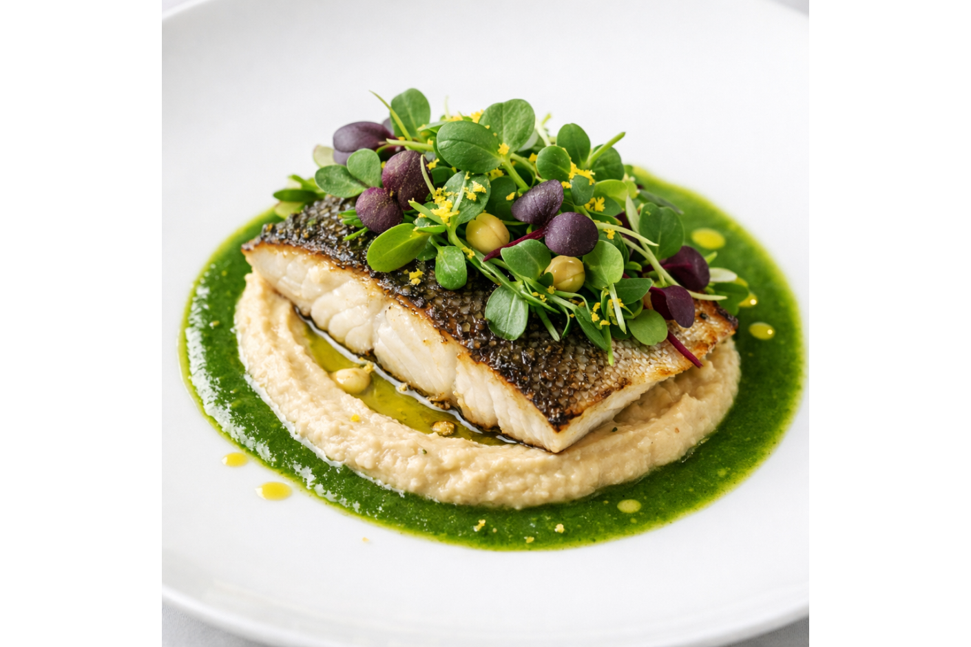 Lomo de lubina asada con crema templada de garbanzo, jugo verde de guisante Foxy y microvegetales frescos