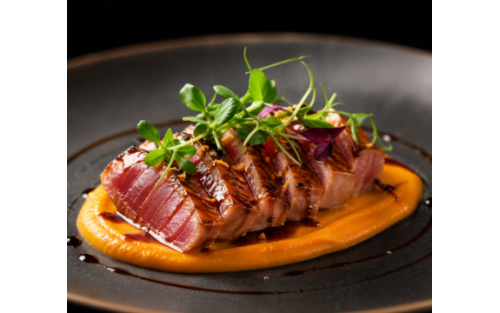 Atún rojo glaseado con miel y cítricos sobre crema de calabaza asada y microgreens Mikagreens de guisante y mostaza Raab