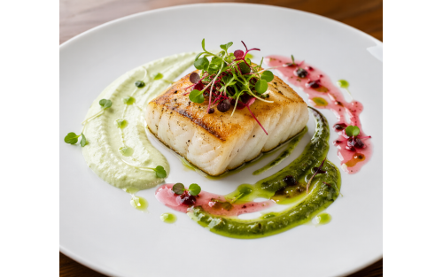 Lomo de pescado blanco con triple salsa de microgreens Mikagreens (guisante, brócoli y amaranto rojo)