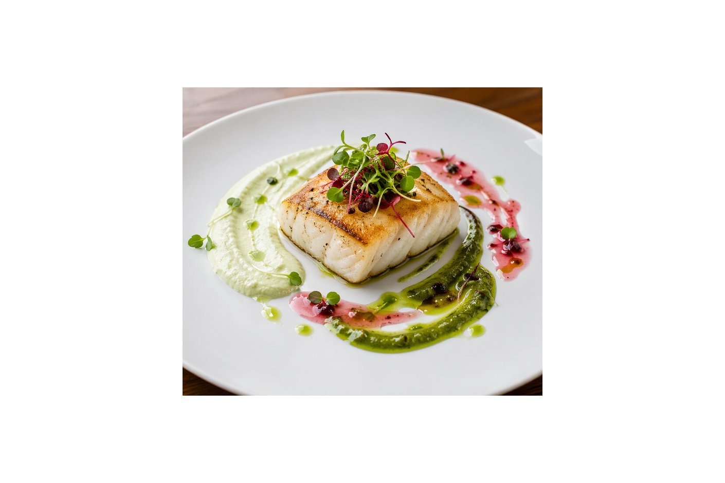 Lomo de pescado blanco con triple salsa de microgreens Mikagreens (guisante, brócoli y amaranto rojo)