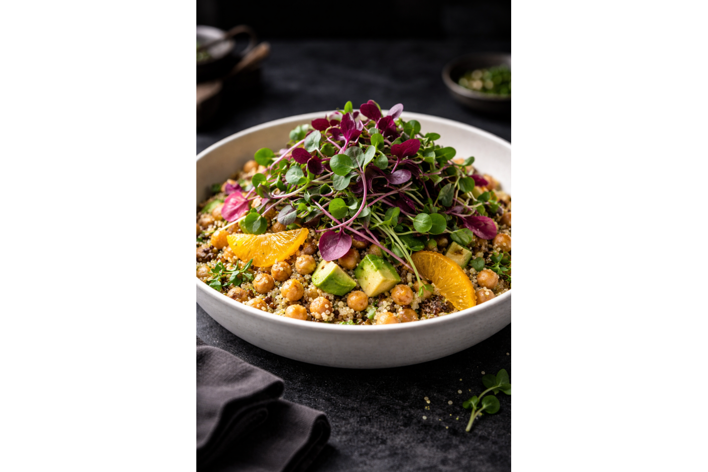 Ensalada templada de cítricos, quinoa crujiente y microvegetales Mikagreens