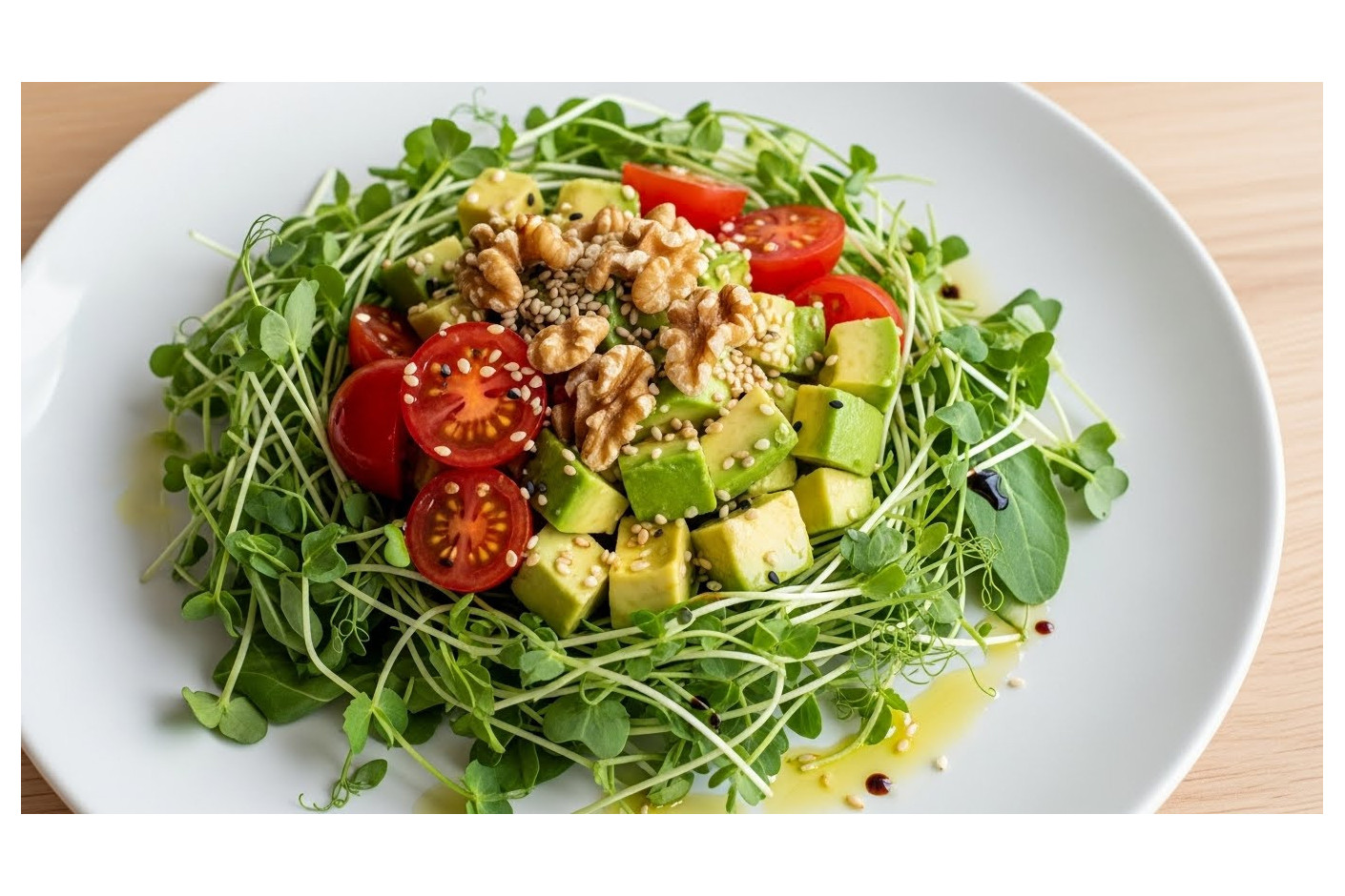 Ensalada Fresca de Microvegetales con Aguacate y Nueces Crujientes
